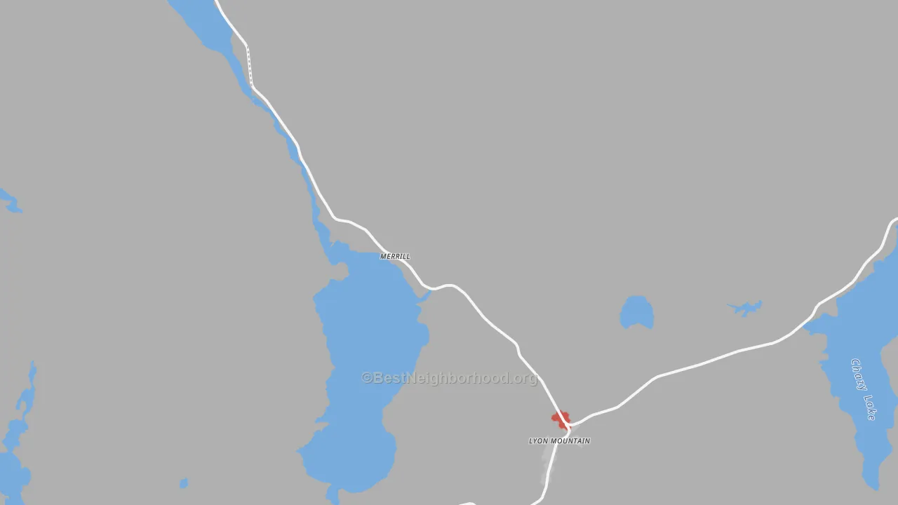 Walk Grade map of Lyon Mountain, NY, walkable areas in green and car-dependent areas in red
