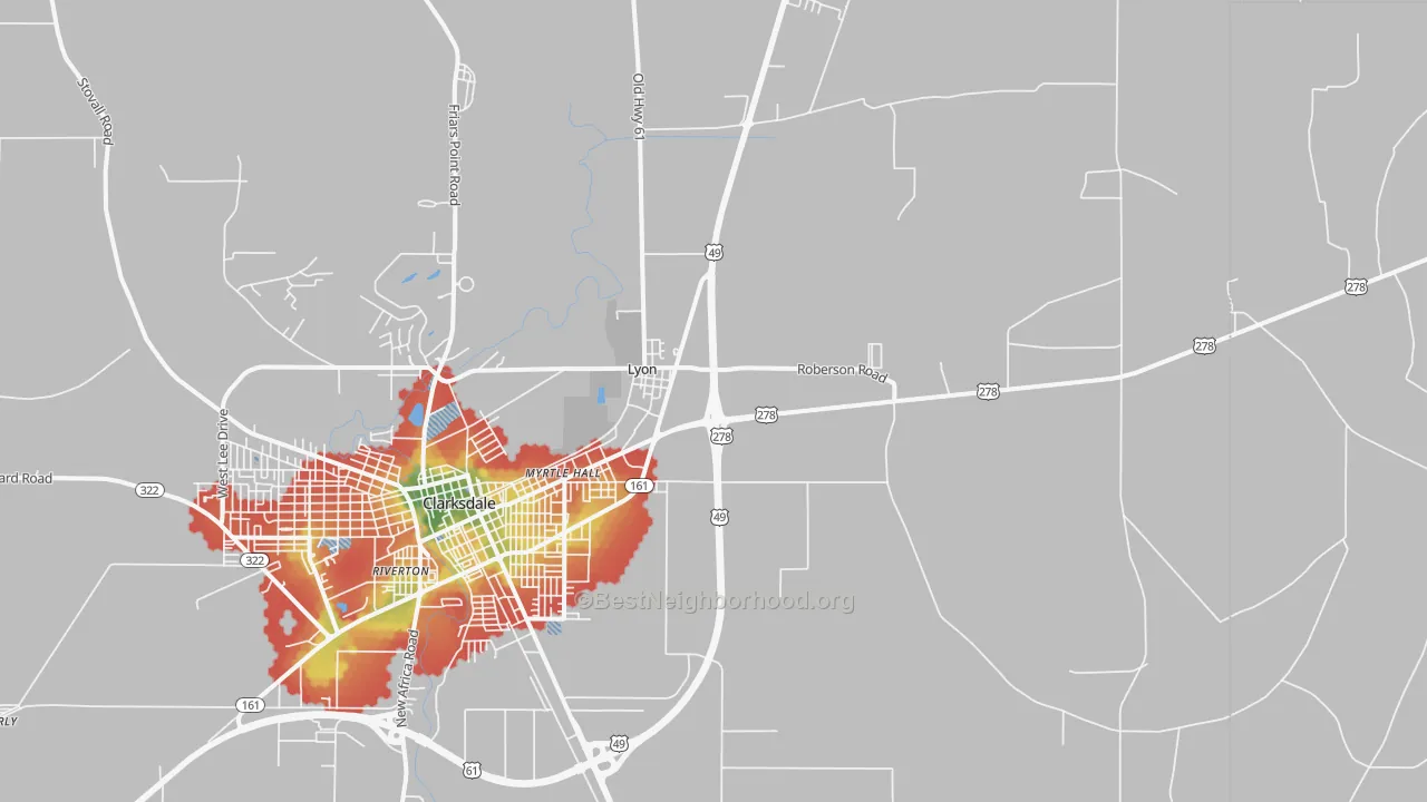 Walk Grade map of Lyon, MS, walkable areas in green and car-dependent areas in red