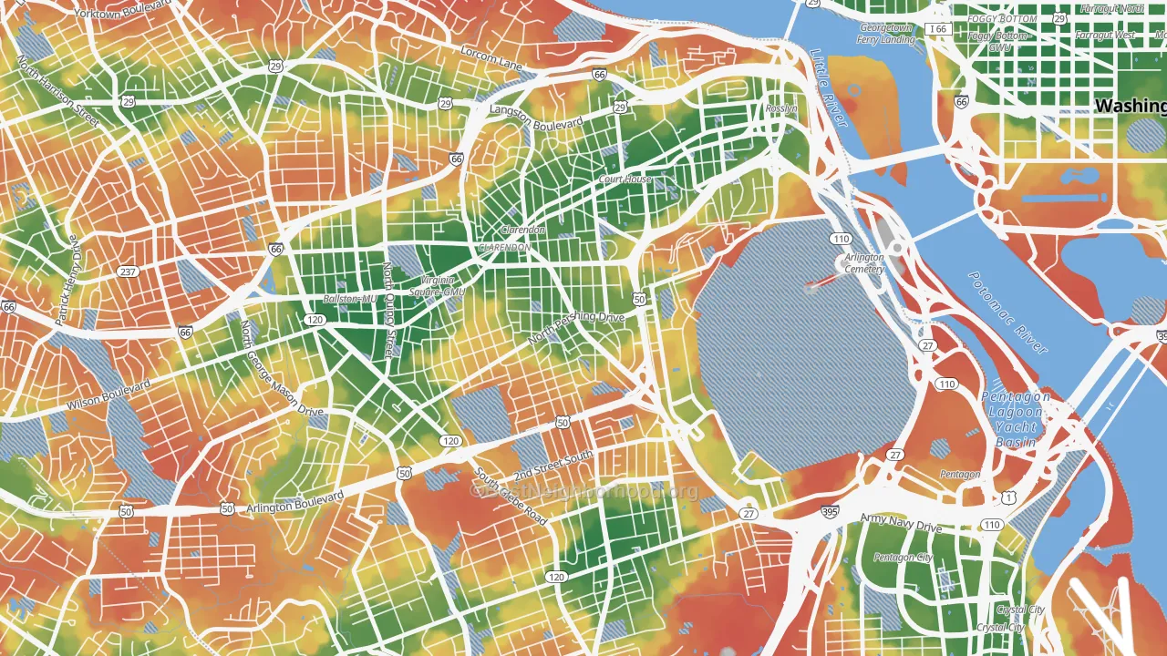 Walk Grade map of Lyon Park, Arlington, VA, walkable areas in green and car-dependent areas in red