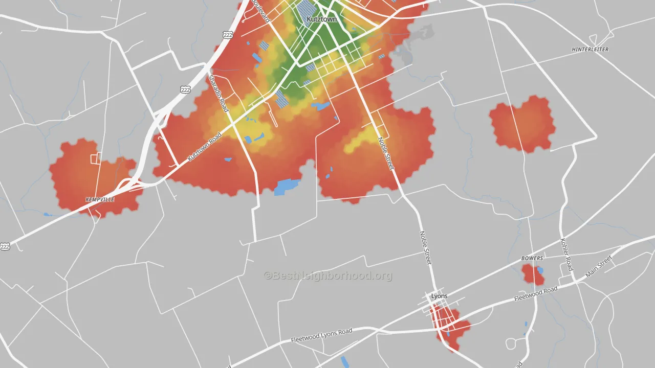 Walk Grade map of Lyon Station, PA, walkable areas in green and car-dependent areas in red