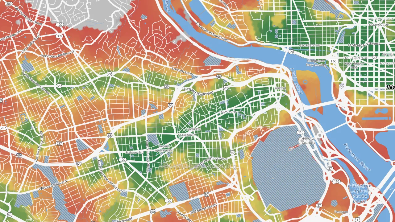 Walk Grade map of Lyon Village, Arlington, VA, walkable areas in green and car-dependent areas in red