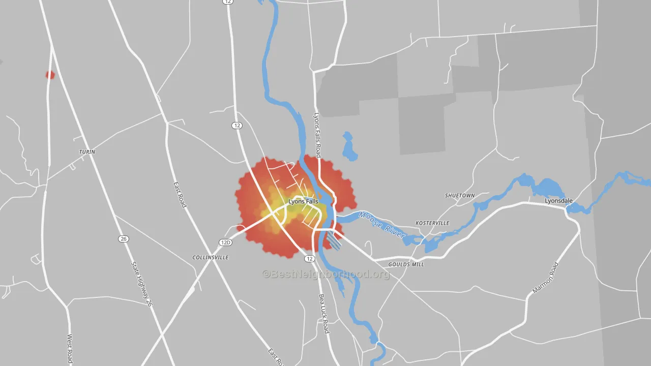 Walk Grade map of Lyons Falls, NY, walkable areas in green and car-dependent areas in red