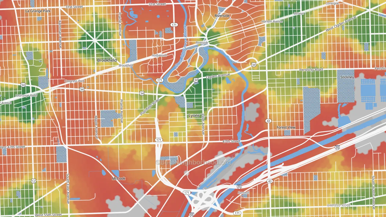 Walk Grade map of Lyons, IL, walkable areas in green and car-dependent areas in red
