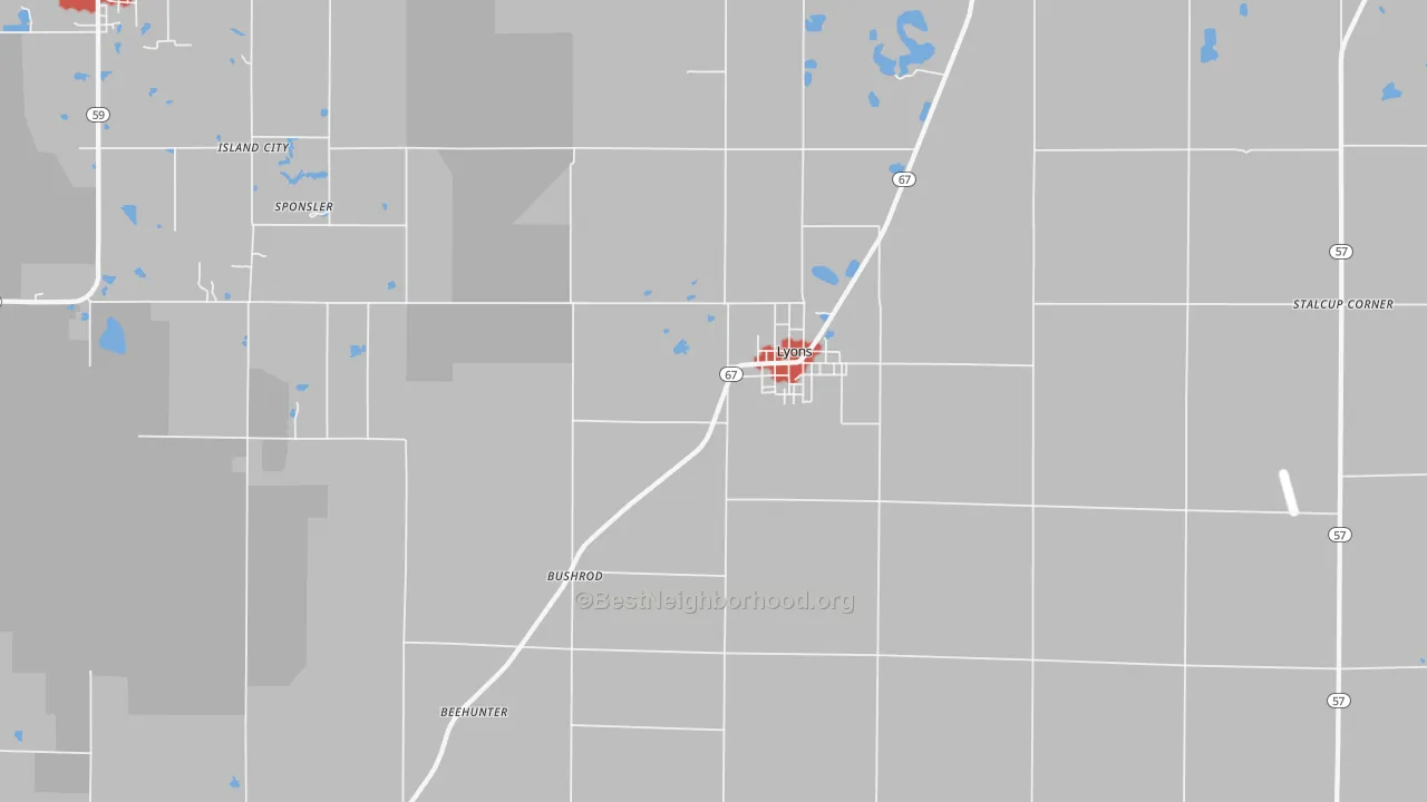 Walk Grade map of Lyons, IN, walkable areas in green and car-dependent areas in red