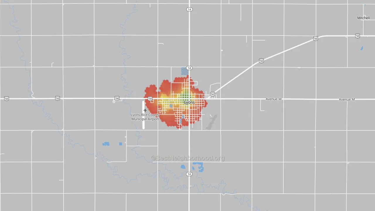 Walk Grade map of Lyons, KS, walkable areas in green and car-dependent areas in red