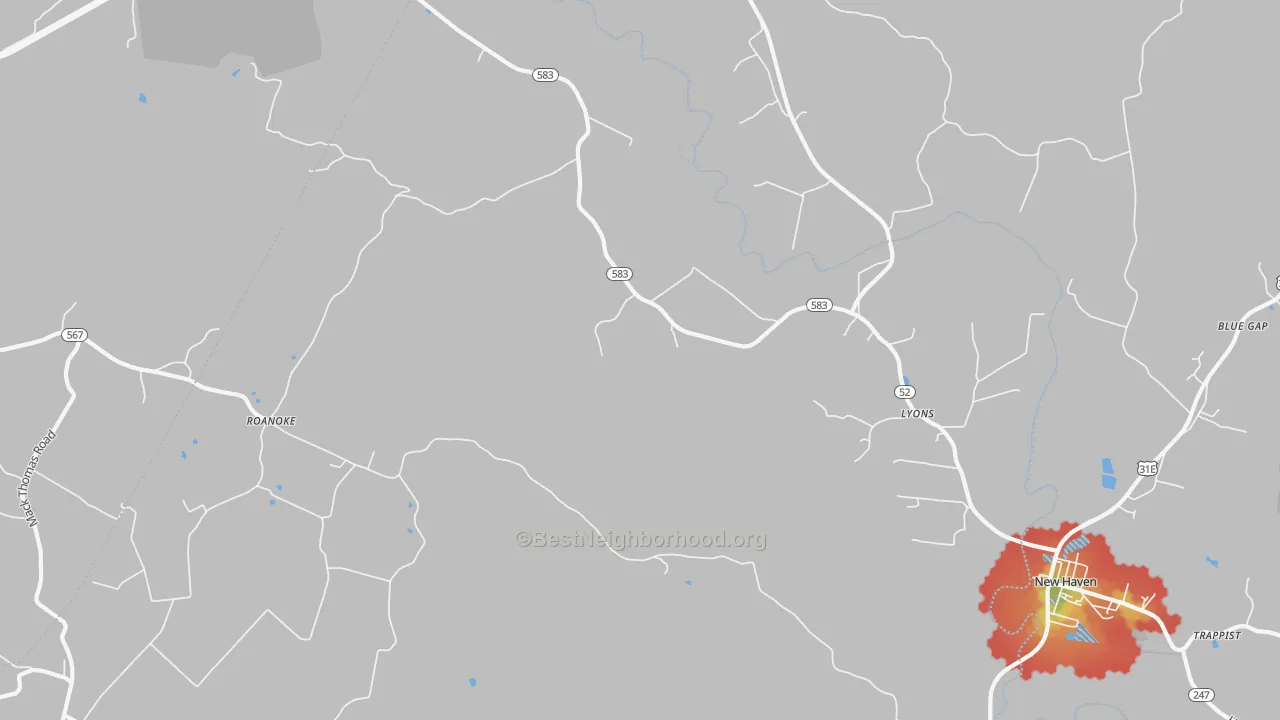 Walk Grade map of Lyons, KY, walkable areas in green and car-dependent areas in red
