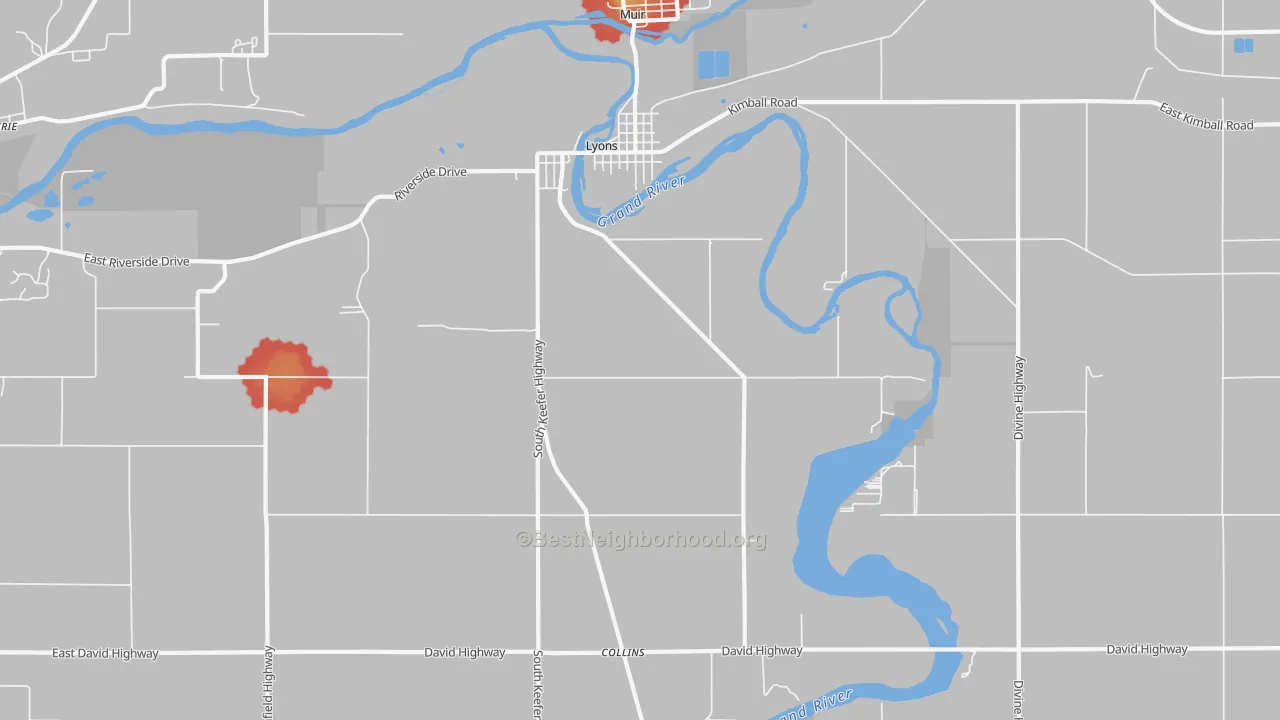 Walk Grade map of Lyons, MI, walkable areas in green and car-dependent areas in red