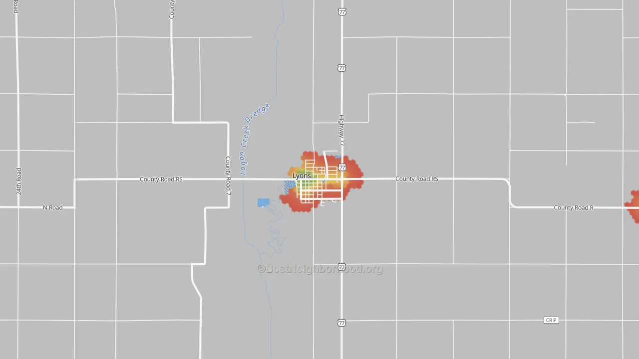 Walk Grade map of Lyons, NE, walkable areas in green and car-dependent areas in red