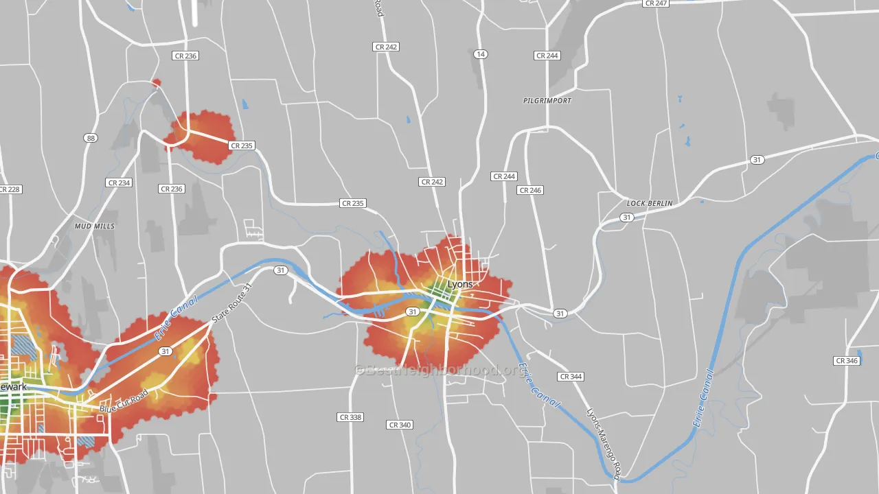 Walk Grade map of Lyons, NY, walkable areas in green and car-dependent areas in red