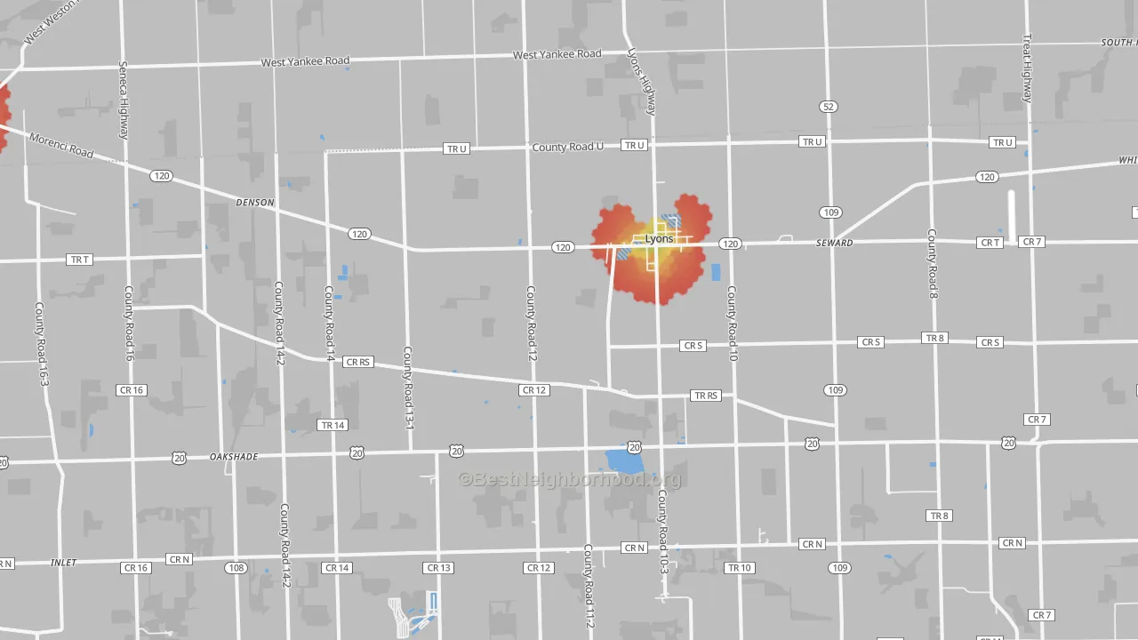 Walk Grade map of Lyons, OH, walkable areas in green and car-dependent areas in red