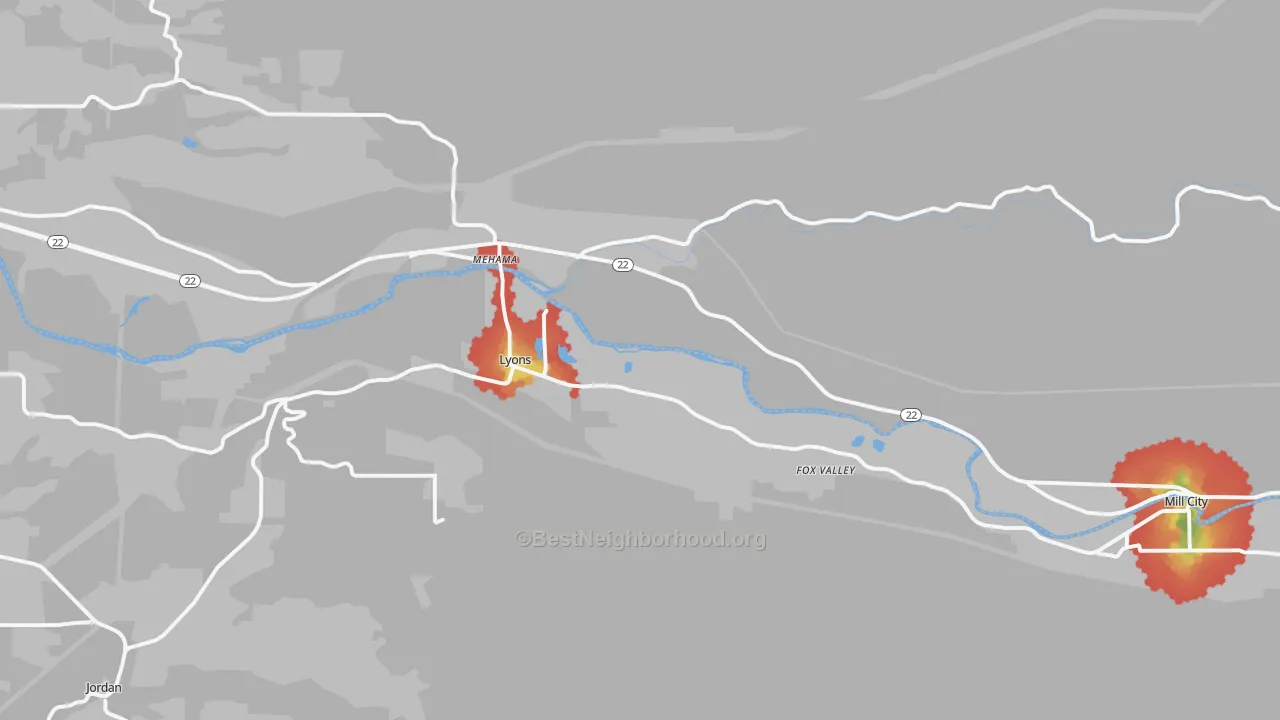 Walk Grade map of Lyons, OR, walkable areas in green and car-dependent areas in red