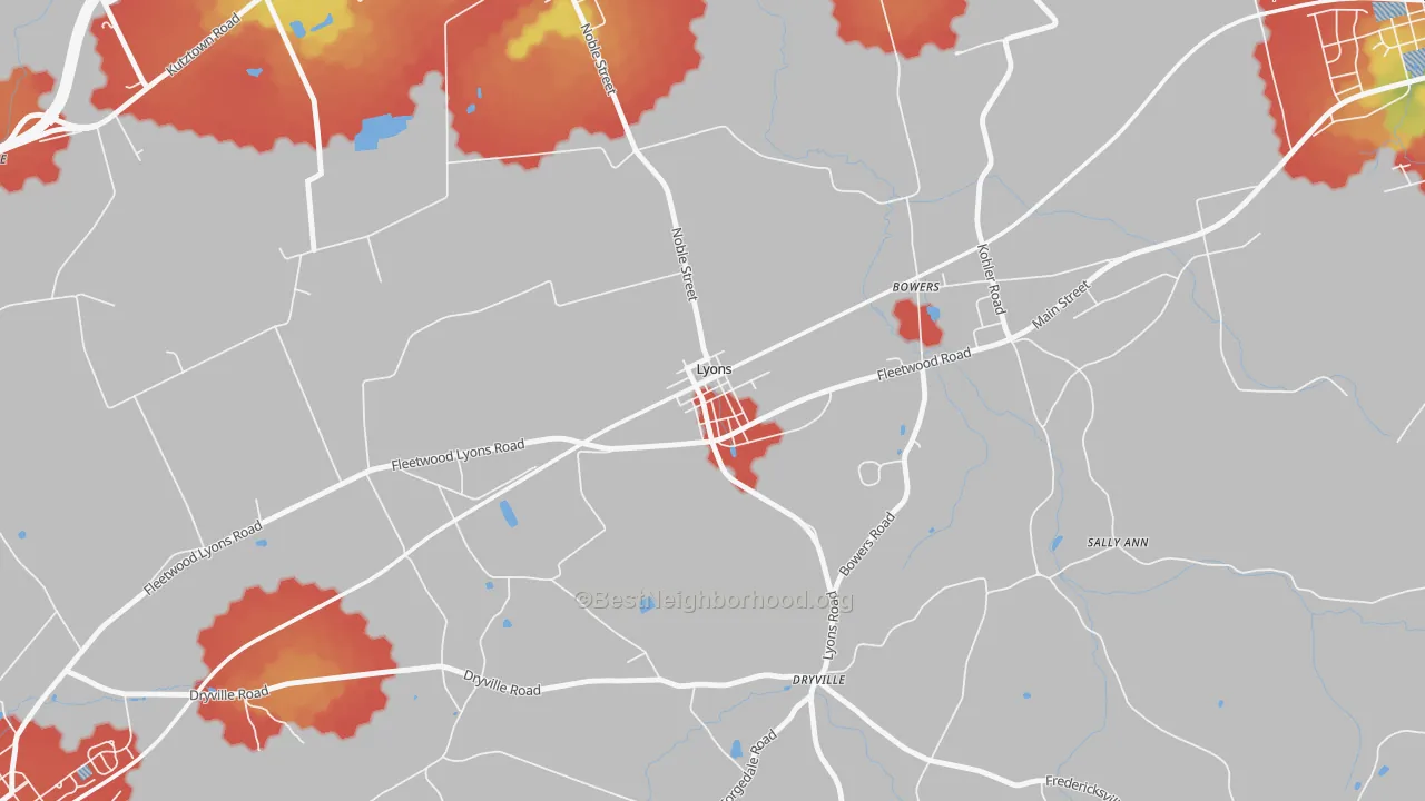 Walk Grade map of Lyons, PA, walkable areas in green and car-dependent areas in red
