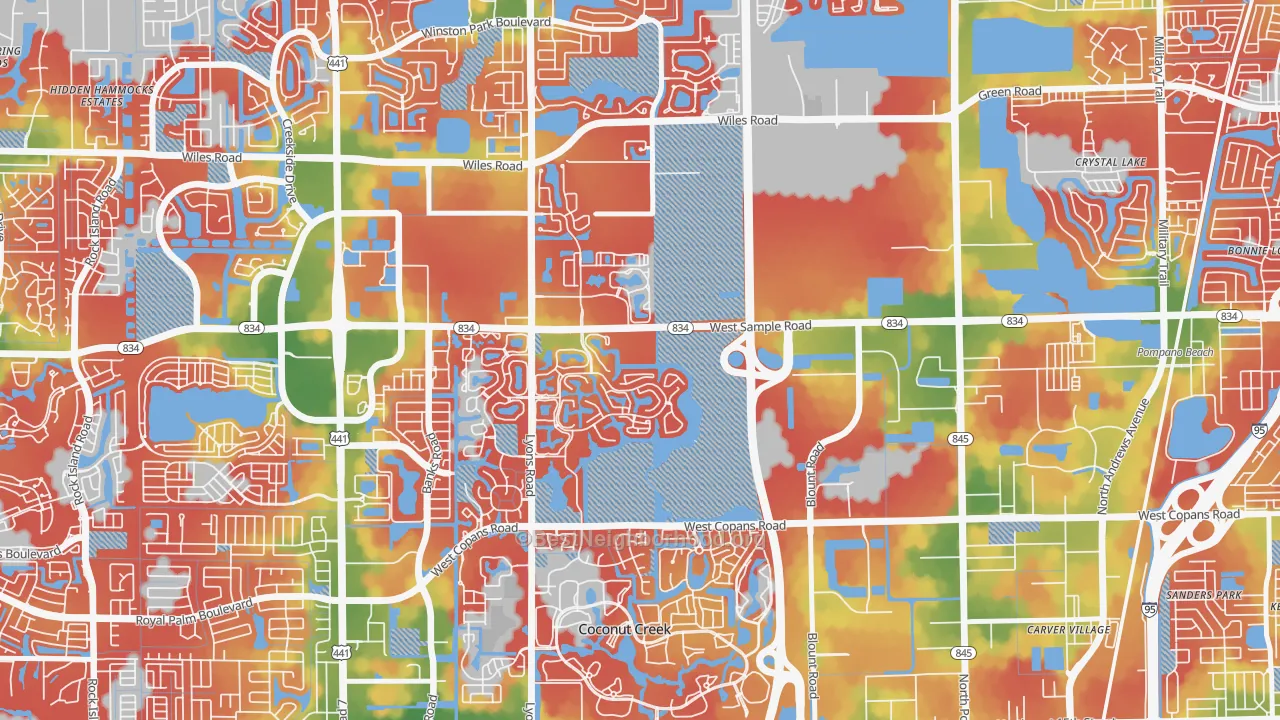 Walk Grade map of Lyons Tradewinds Park, Coconut Creek, FL, walkable areas in green and car-dependent areas in red