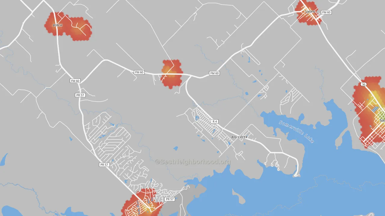 Walk Grade map of Lyons, TX, walkable areas in green and car-dependent areas in red