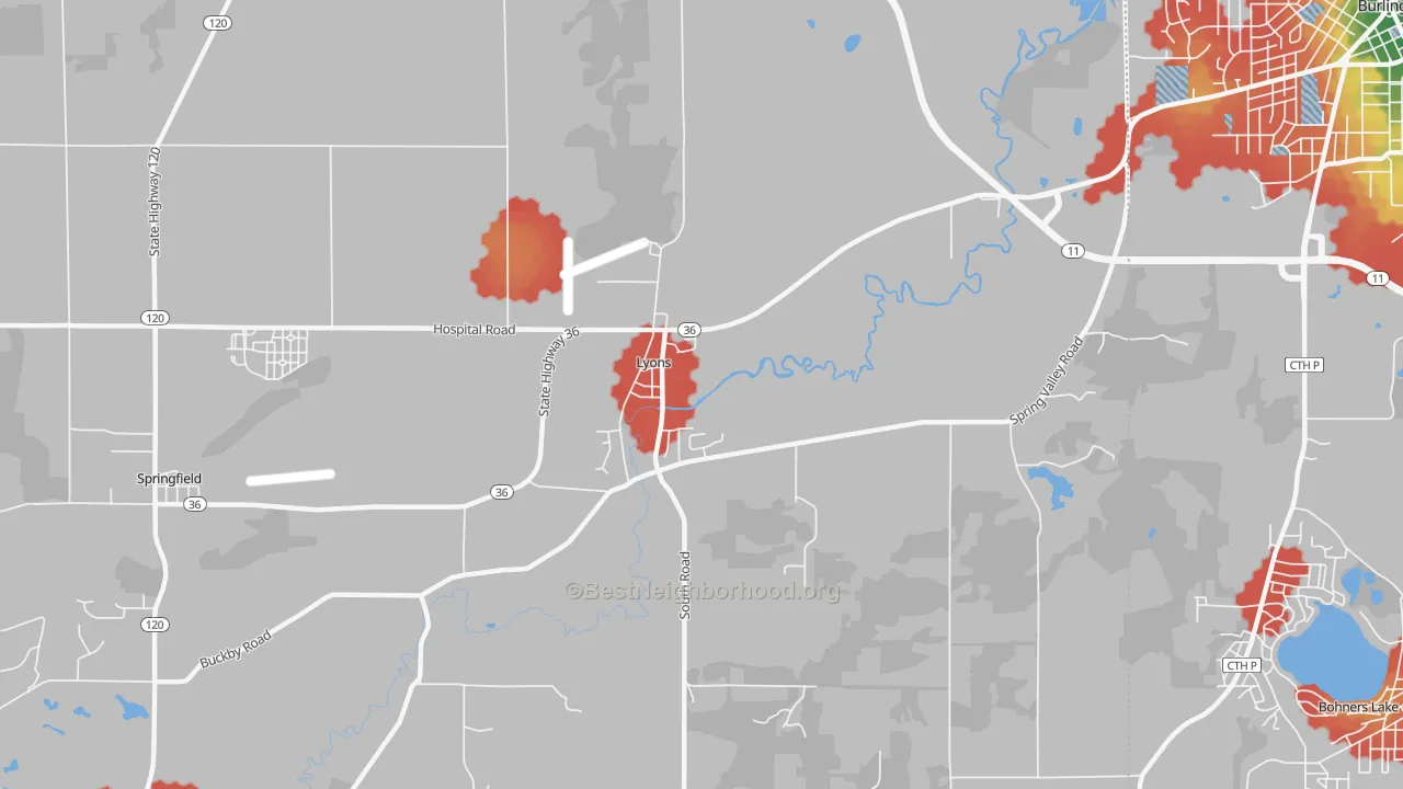 Walk Grade map of Lyons, WI, walkable areas in green and car-dependent areas in red