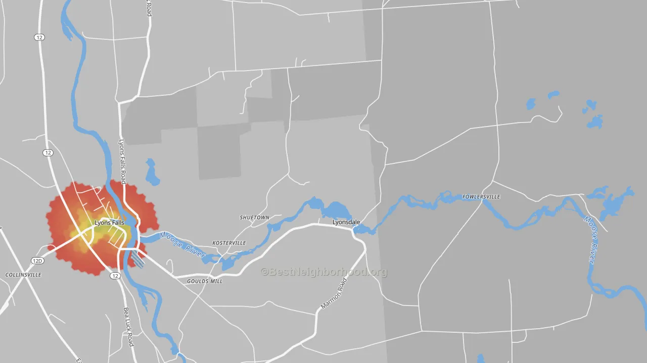 Walk Grade map of Lyonsdale, NY, walkable areas in green and car-dependent areas in red