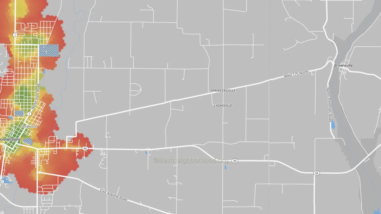 Walk Grade map of Lyonsville, IN, walkable areas in green and car-dependent areas in red
