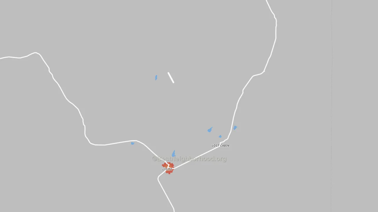 Walk Grade map of Lysite, WY, walkable areas in green and car-dependent areas in red