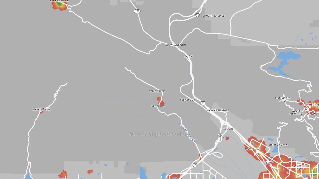 Walk Grade map of Lytle Creek, CA, walkable areas in green and car-dependent areas in red