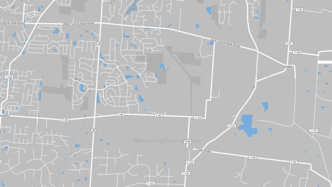 Walk Grade map of Lytle, OH, walkable areas in green and car-dependent areas in red