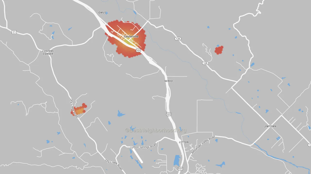 Walk Grade map of Lytton, CA, walkable areas in green and car-dependent areas in red