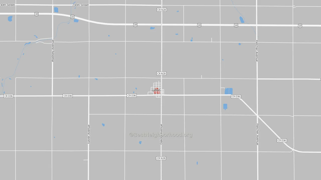 Walk Grade map of Lytton, IA, walkable areas in green and car-dependent areas in red