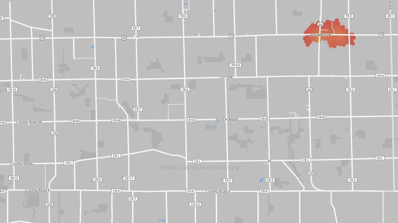 Walk Grade map of Lytton, OH, walkable areas in green and car-dependent areas in red