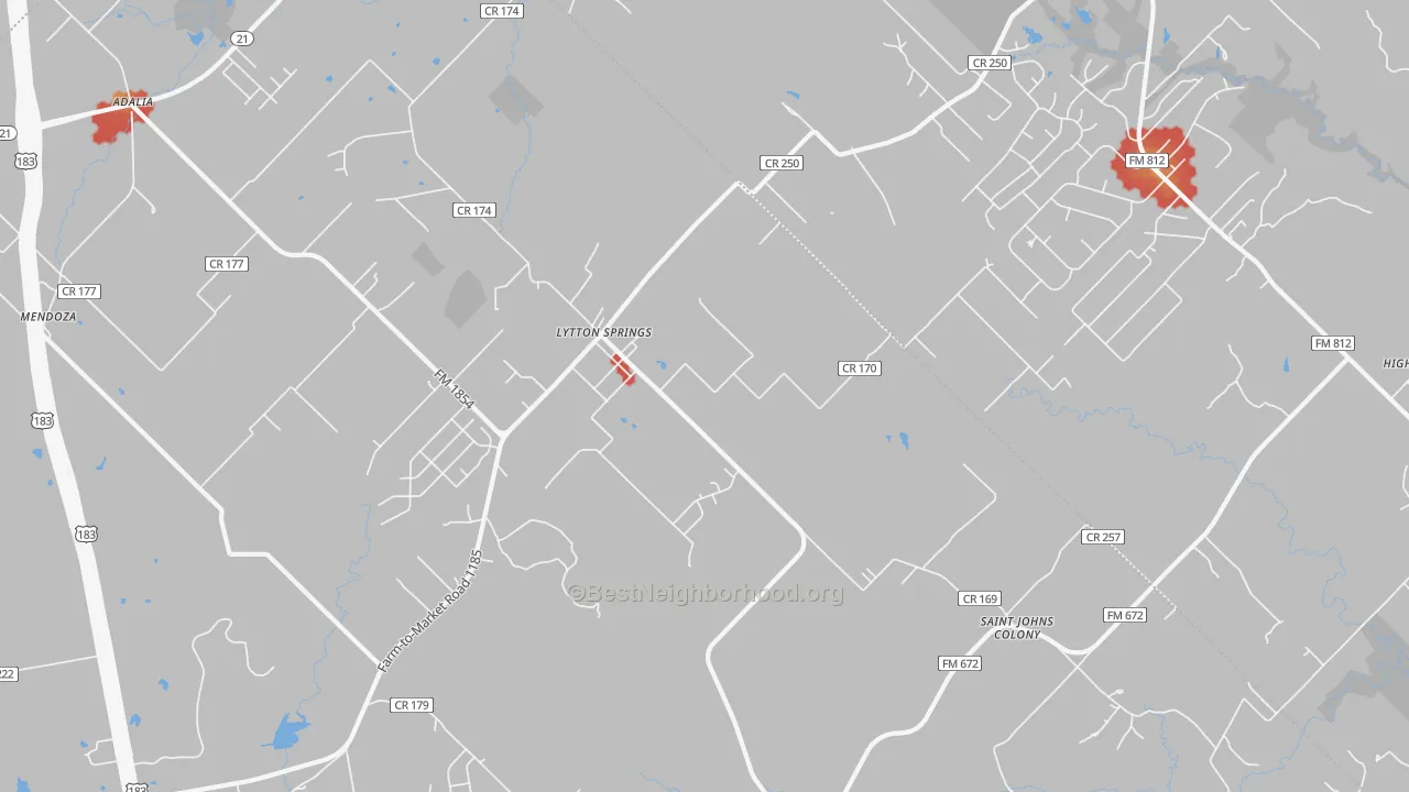 Walk Grade map of Lytton Springs, TX, walkable areas in green and car-dependent areas in red