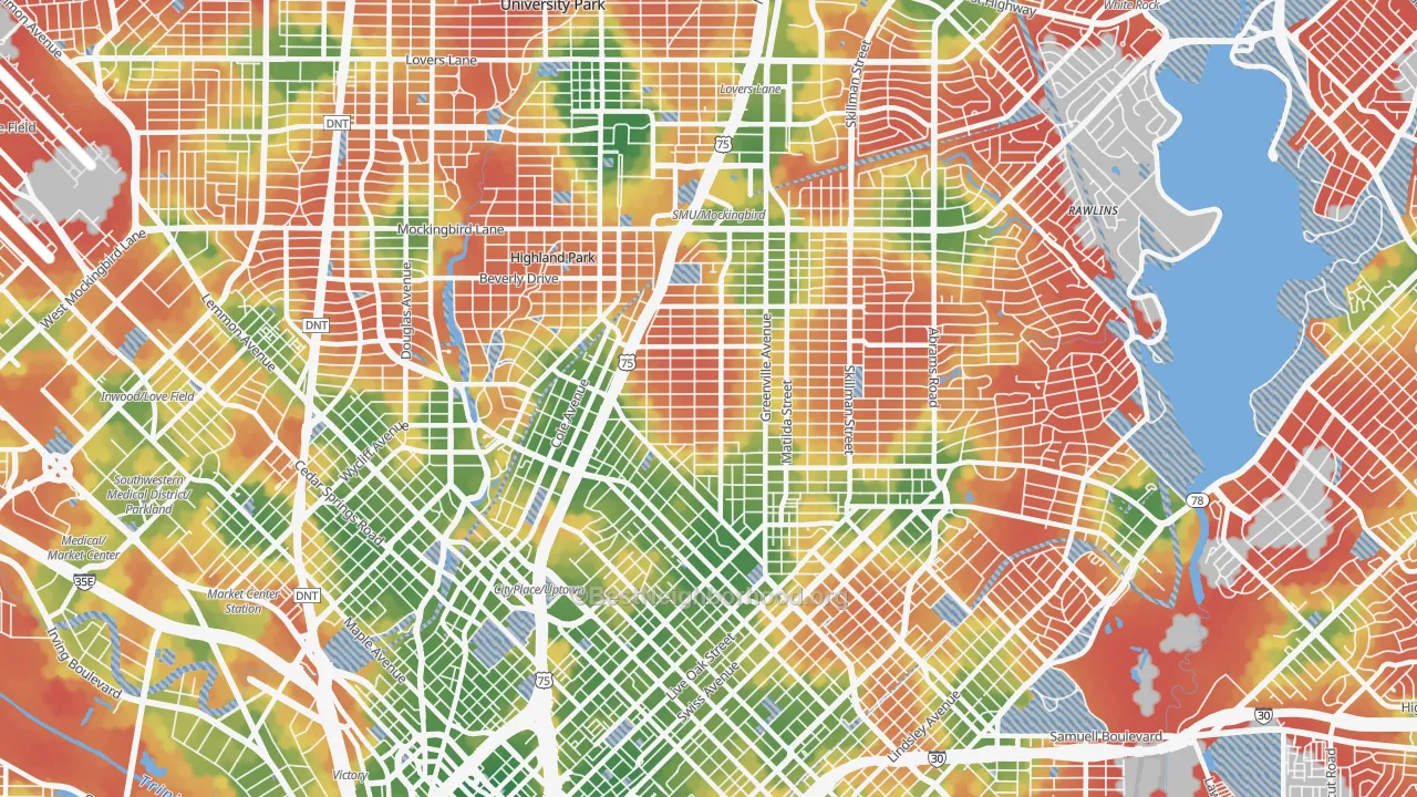 Walk Grade map of M Streets, Dallas, TX, walkable areas in green and car-dependent areas in red