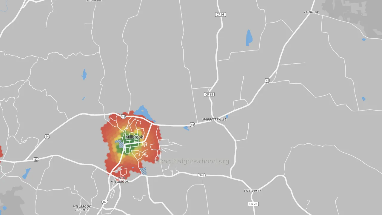 Walk Grade map of Mabbettsville, NY, walkable areas in green and car-dependent areas in red