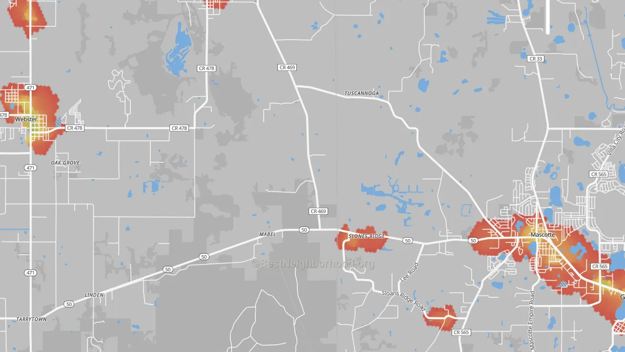 Walk Grade map of Mabel, FL, walkable areas in green and car-dependent areas in red