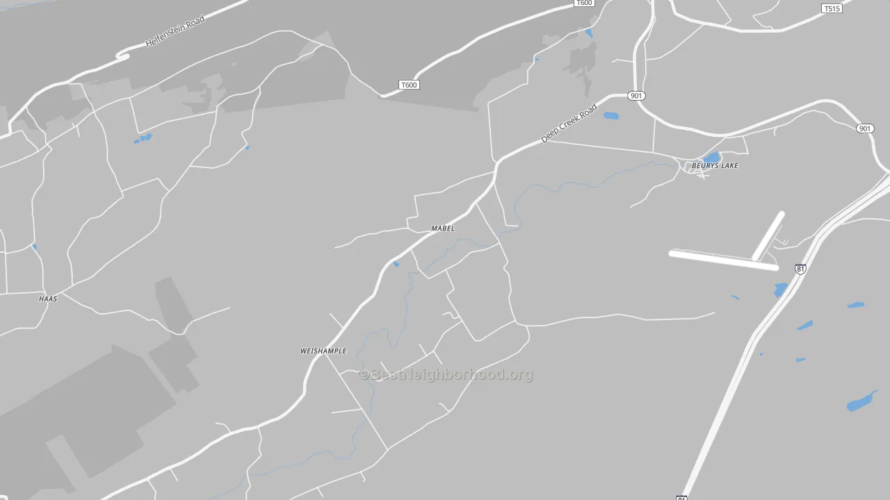 Walk Grade map of Mabel, PA, walkable areas in green and car-dependent areas in red