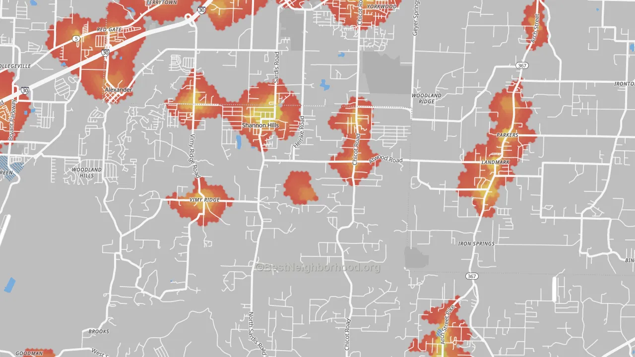 Walk Grade map of Mabelvale, AR, walkable areas in green and car-dependent areas in red