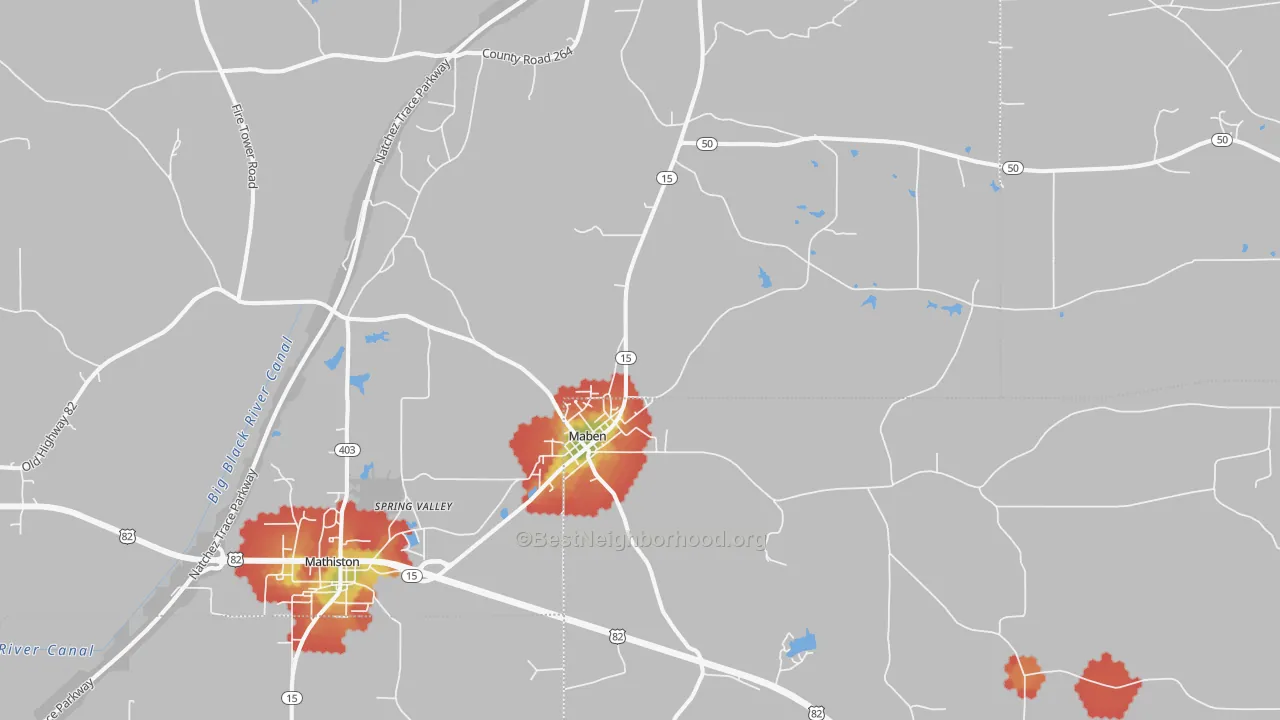 Walk Grade map of Maben, MS, walkable areas in green and car-dependent areas in red