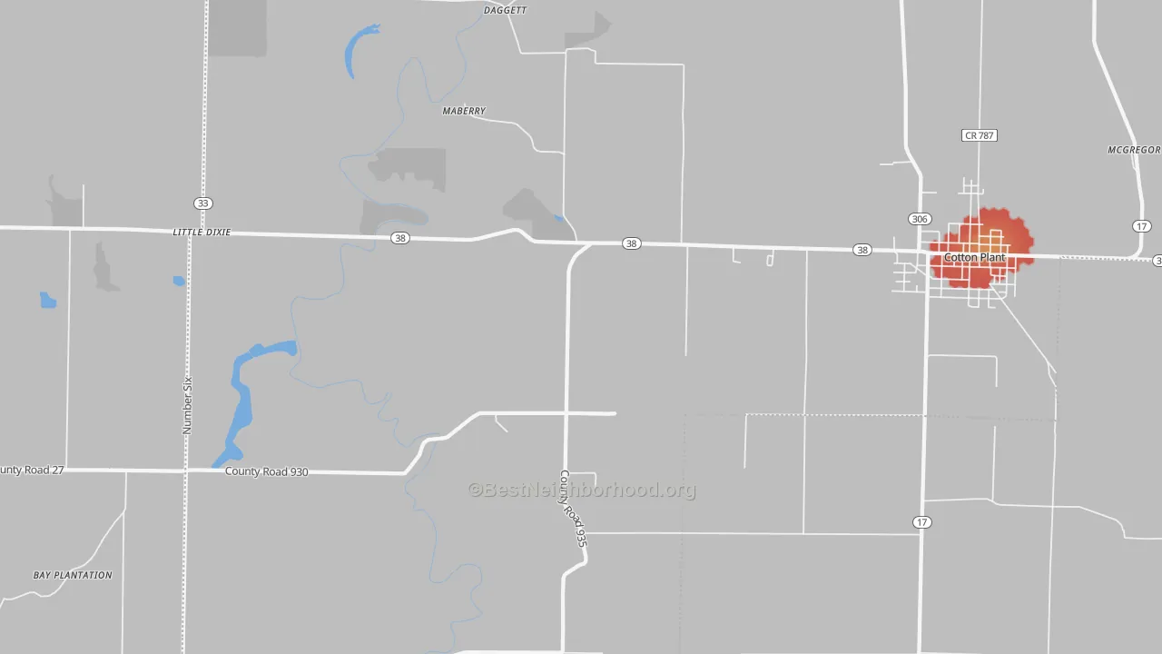Walk Grade map of Maberry, AR, walkable areas in green and car-dependent areas in red
