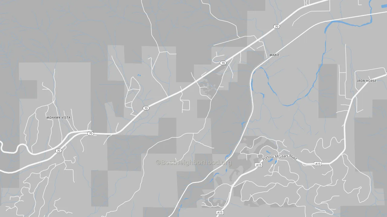 Walk Grade map of Mabie, CA, walkable areas in green and car-dependent areas in red