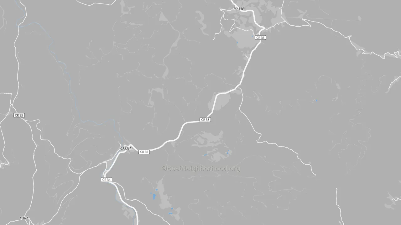 Walk Grade map of Mabie, WV, walkable areas in green and car-dependent areas in red