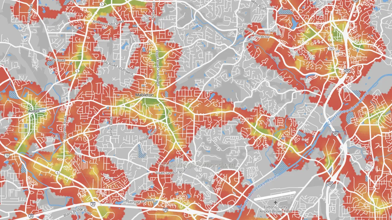 Walk Grade map of Mableton, GA, walkable areas in green and car-dependent areas in red