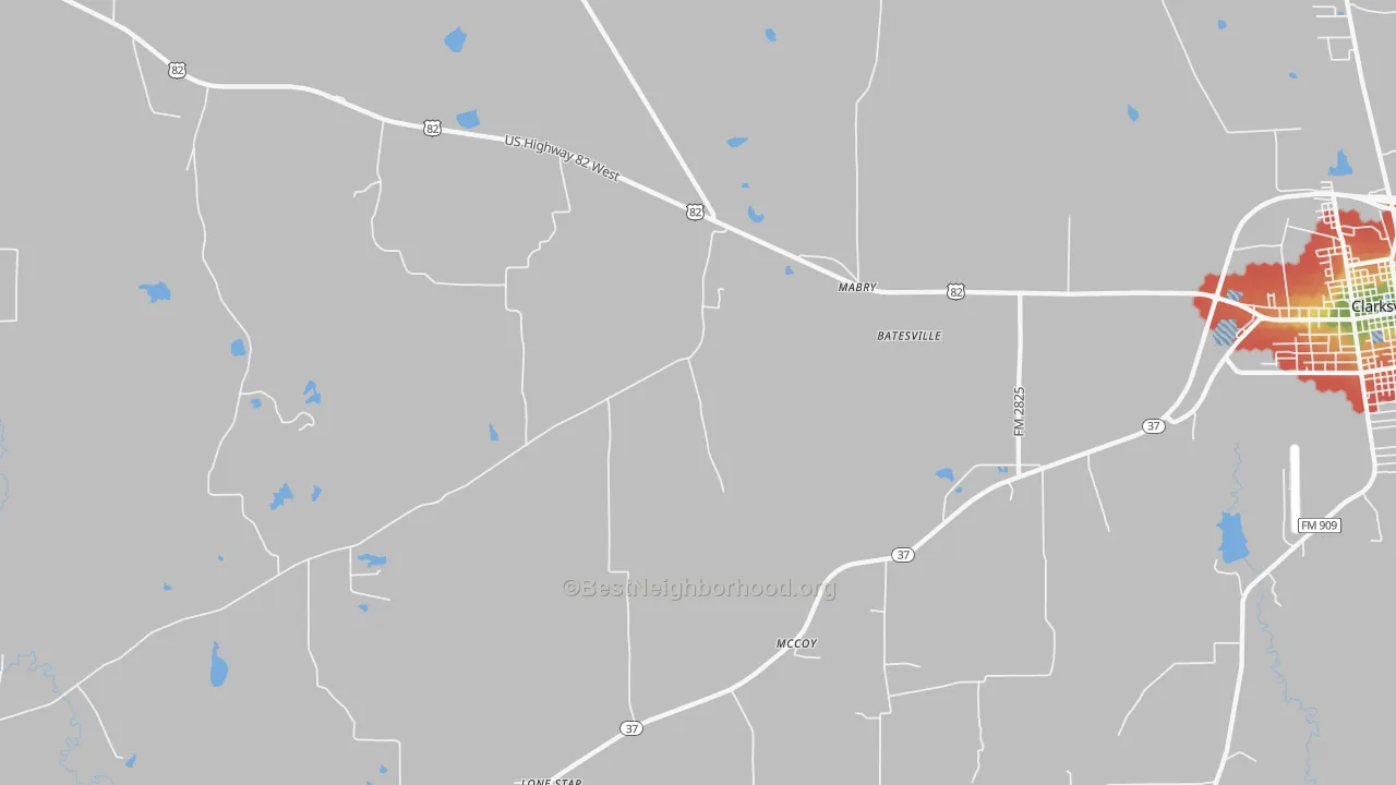 Walk Grade map of Mabry, TX, walkable areas in green and car-dependent areas in red