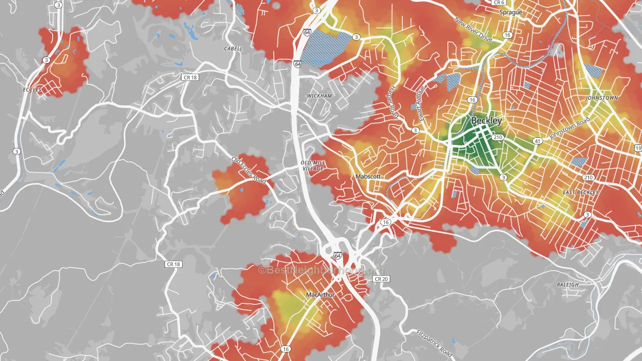 Walk Grade map of Mabscott, WV, walkable areas in green and car-dependent areas in red