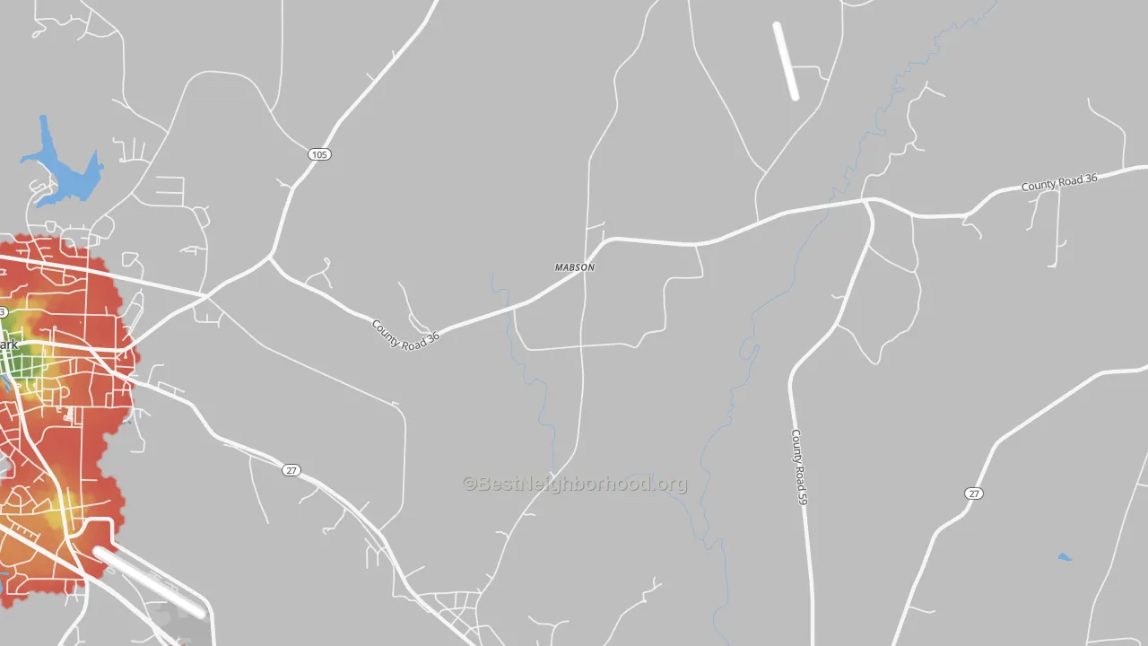 Walk Grade map of Mabson, AL, walkable areas in green and car-dependent areas in red