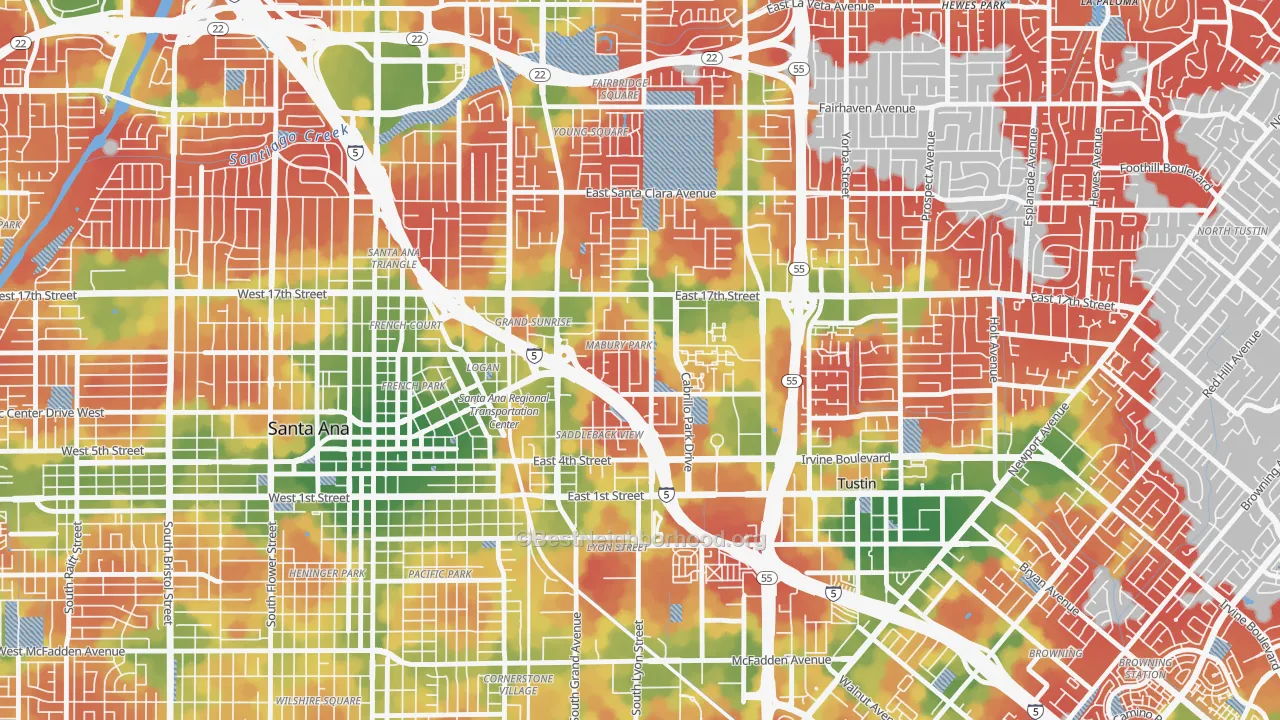 Walk Grade map of Mabury Park, Santa Ana, CA, walkable areas in green and car-dependent areas in red