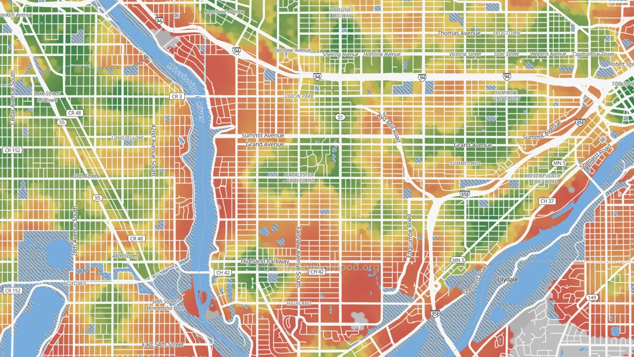 Walk Grade map of Macalester-Groveland, St. Paul, MN, walkable areas in green and car-dependent areas in red