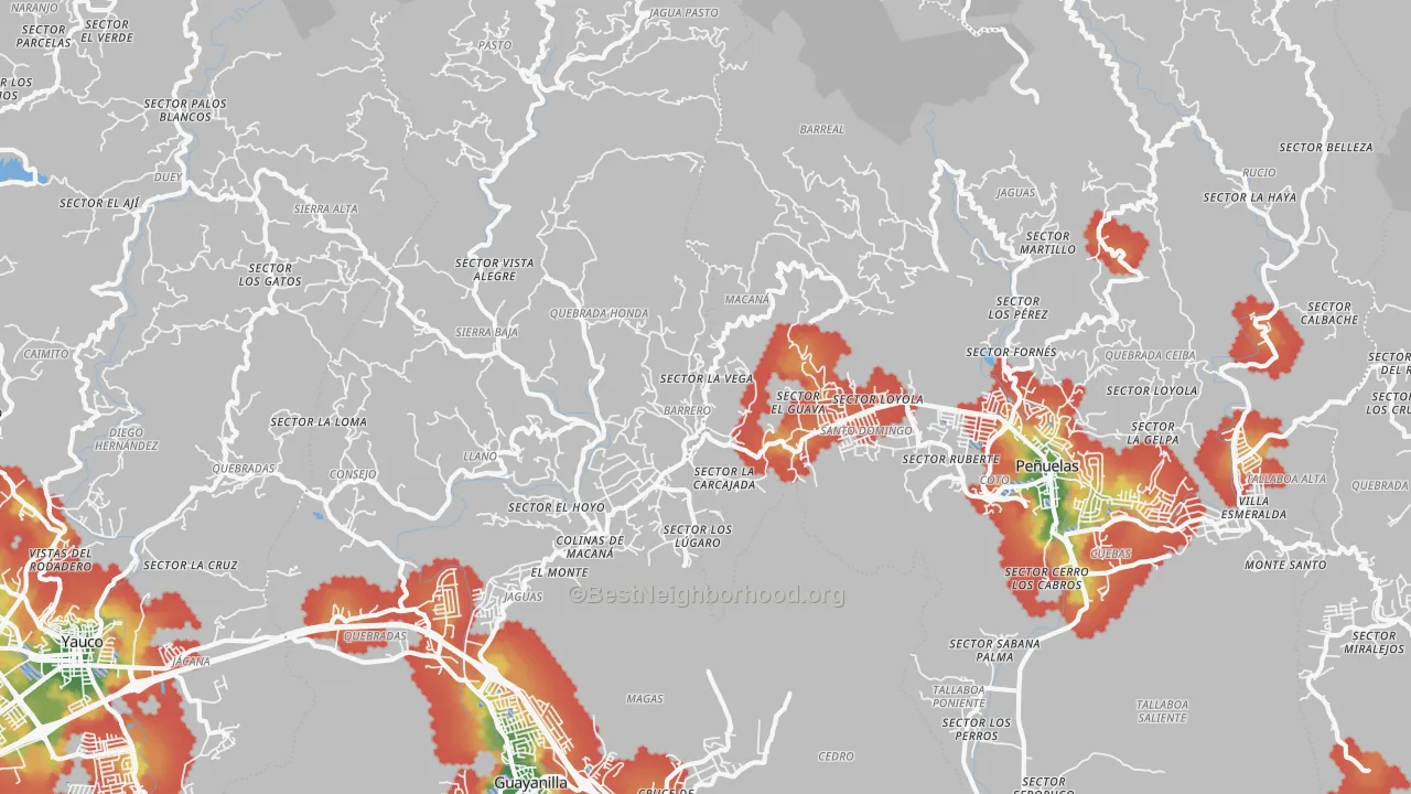 Walk Grade map of Macana, PR, walkable areas in green and car-dependent areas in red