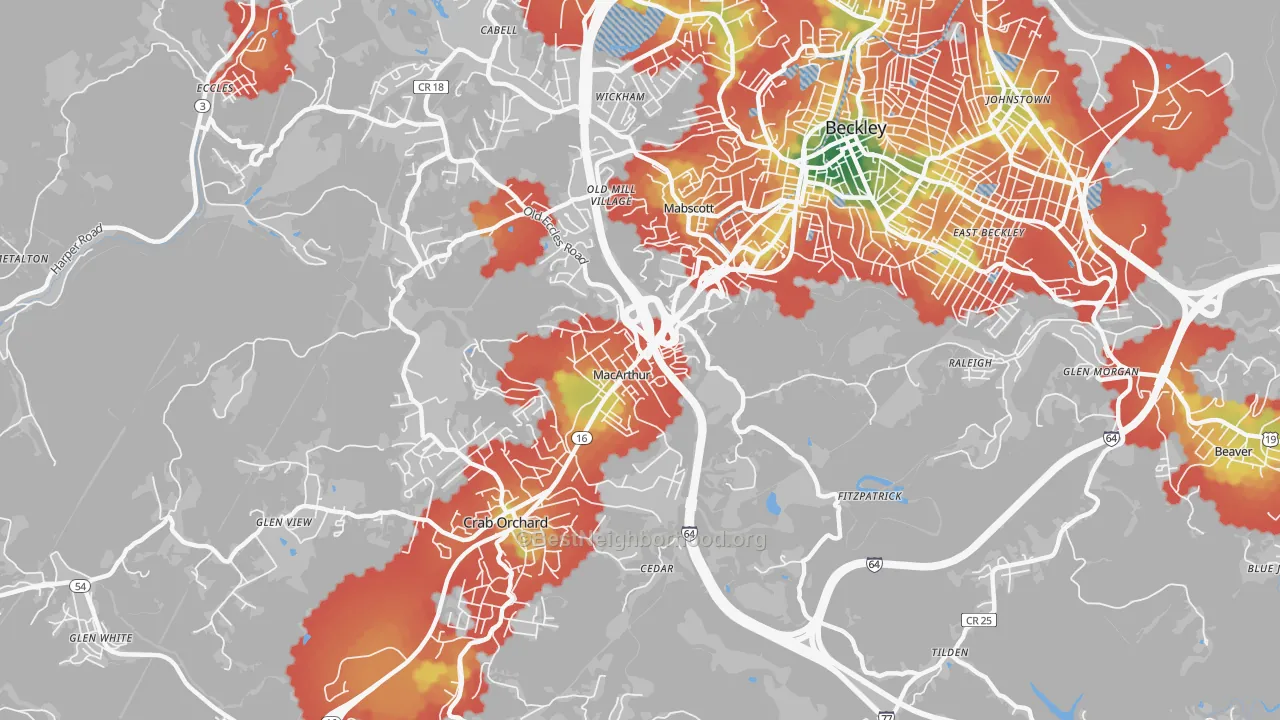 Walk Grade map of MaCarthur, WV, walkable areas in green and car-dependent areas in red