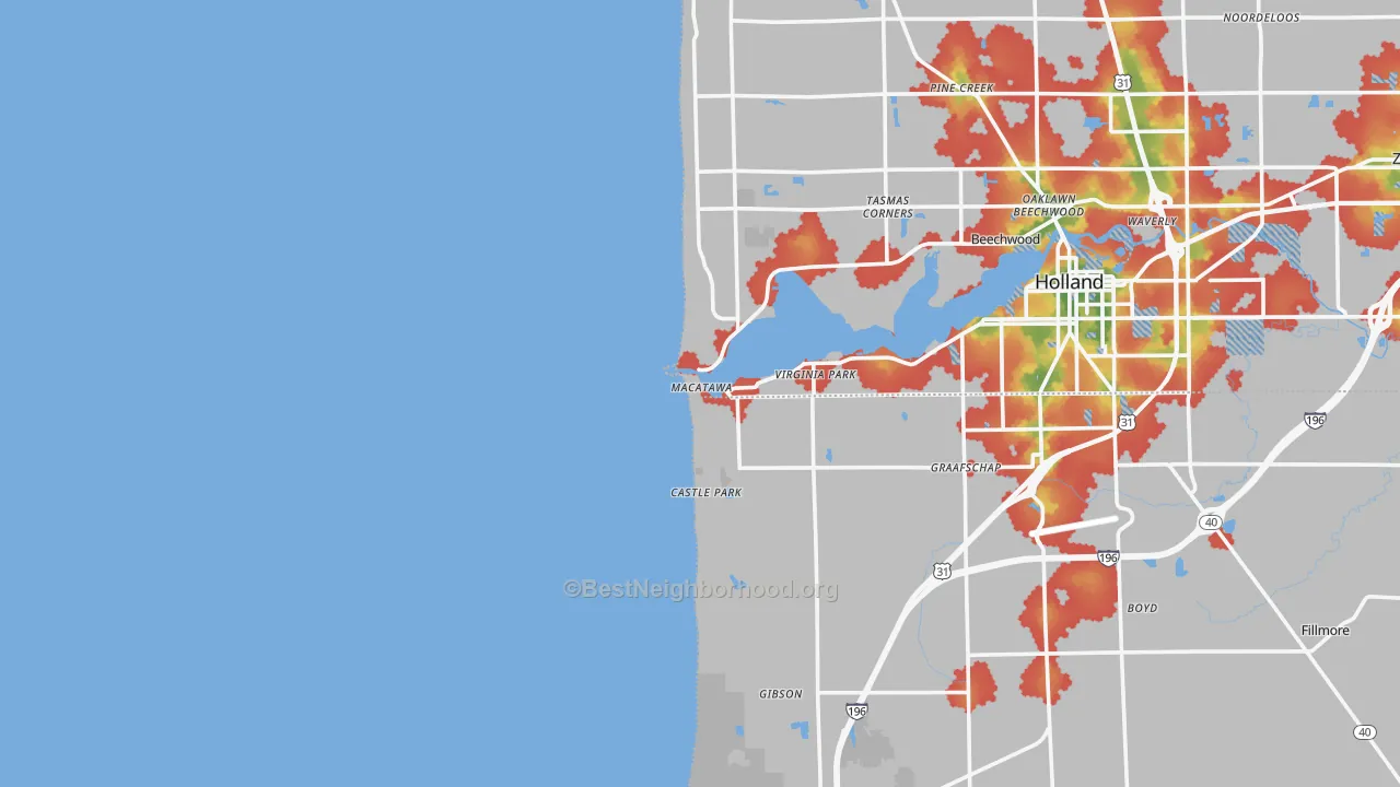 Walk Grade map of Macatawa, MI, walkable areas in green and car-dependent areas in red