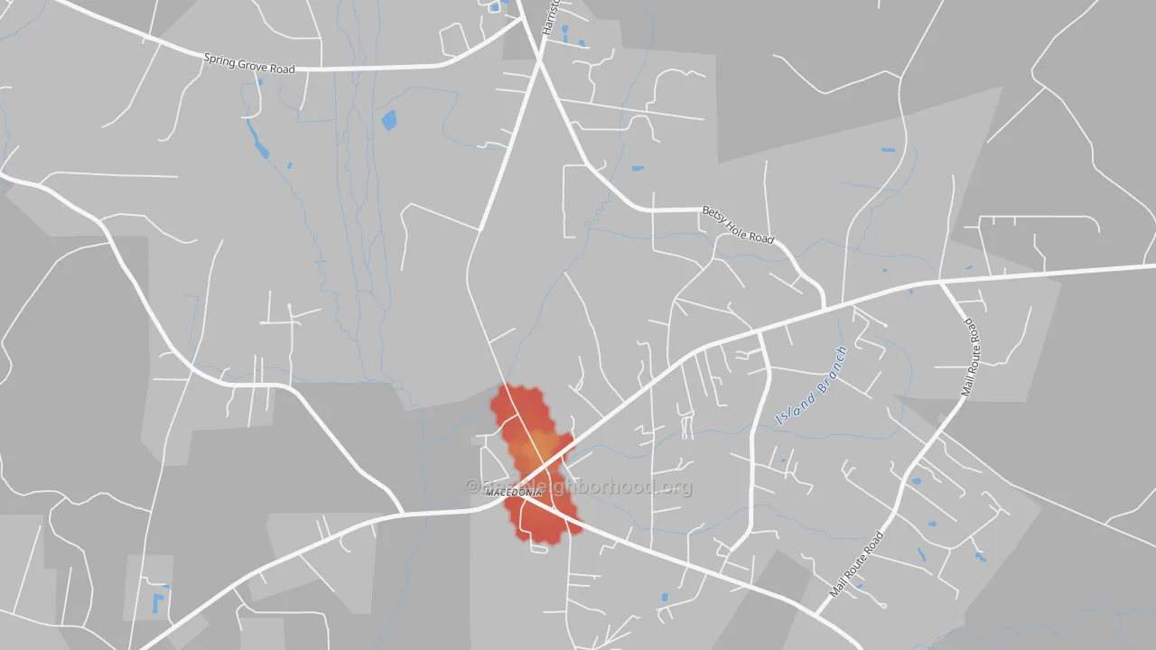 Walk Grade map of Macbeth, SC, walkable areas in green and car-dependent areas in red