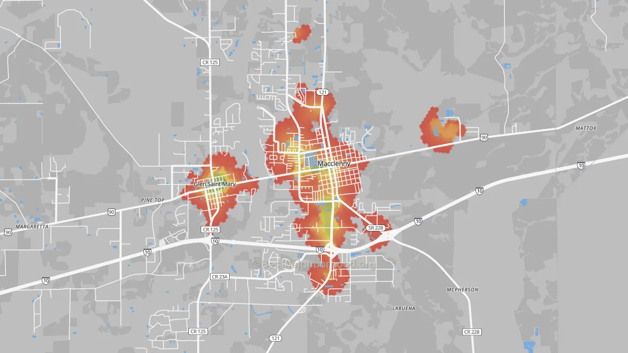 Walk Grade map of Macclenny, FL, walkable areas in green and car-dependent areas in red