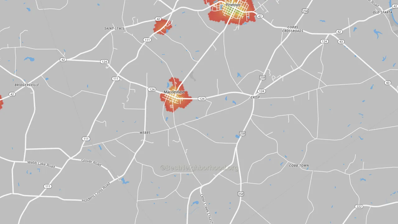 Walk Grade map of Macclesfield, NC, walkable areas in green and car-dependent areas in red