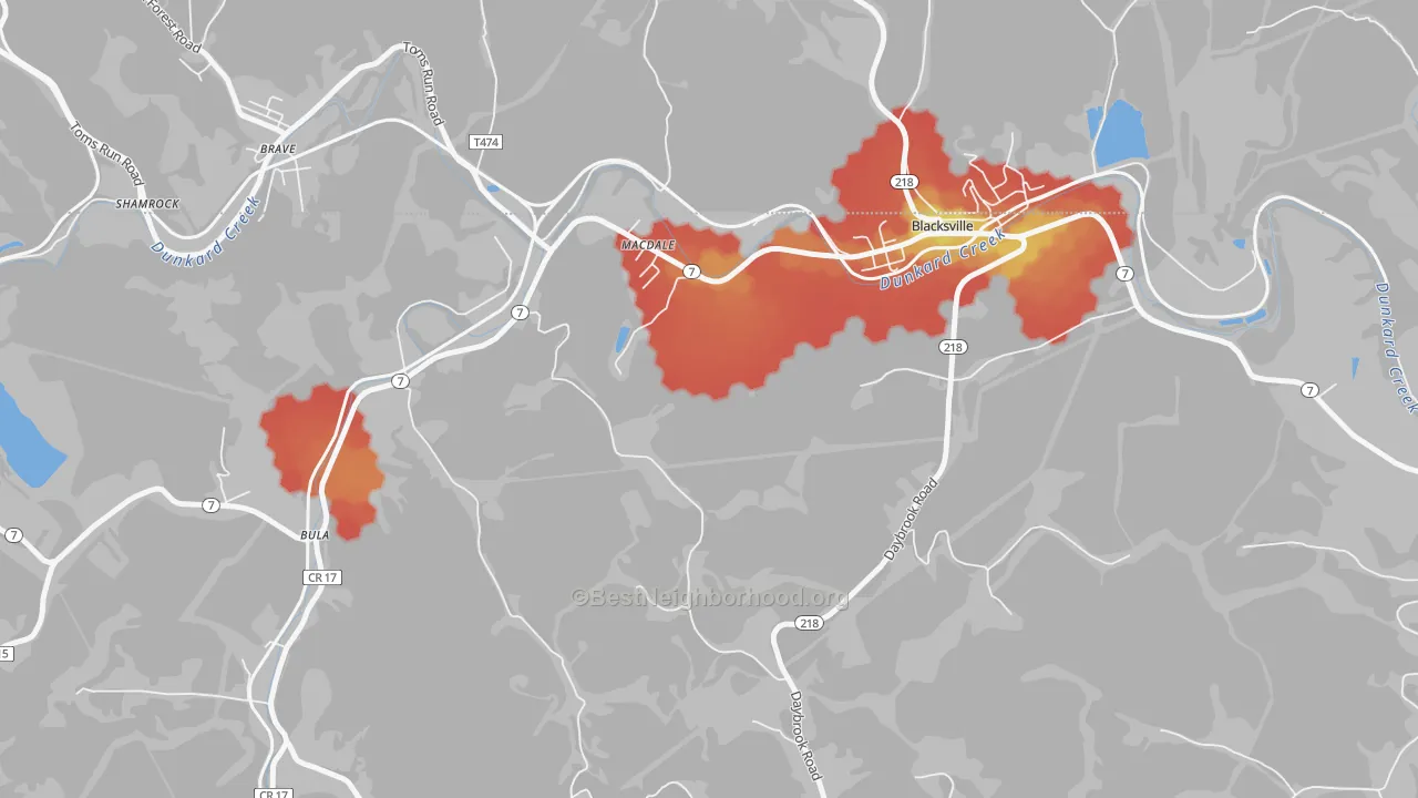 Walk Grade map of MacDale, WV, walkable areas in green and car-dependent areas in red